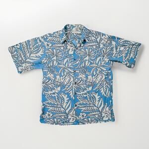 VTG Go Barefoot Hawaiian Aloha Camp Shirt Blue Hibiscus Floral USA Mens M